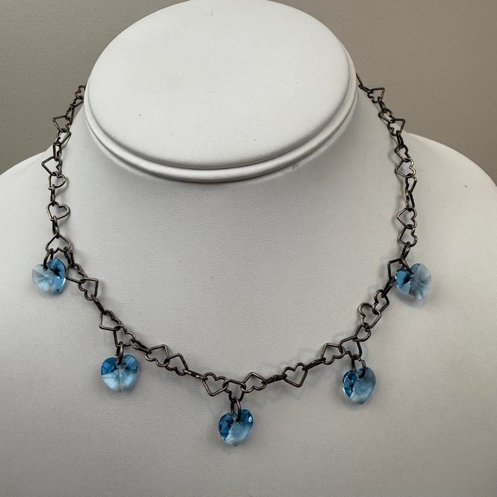 Sterling Heart Charm Necklace Blue Crystal Heart Link Antiqued Silver‎ Romantic